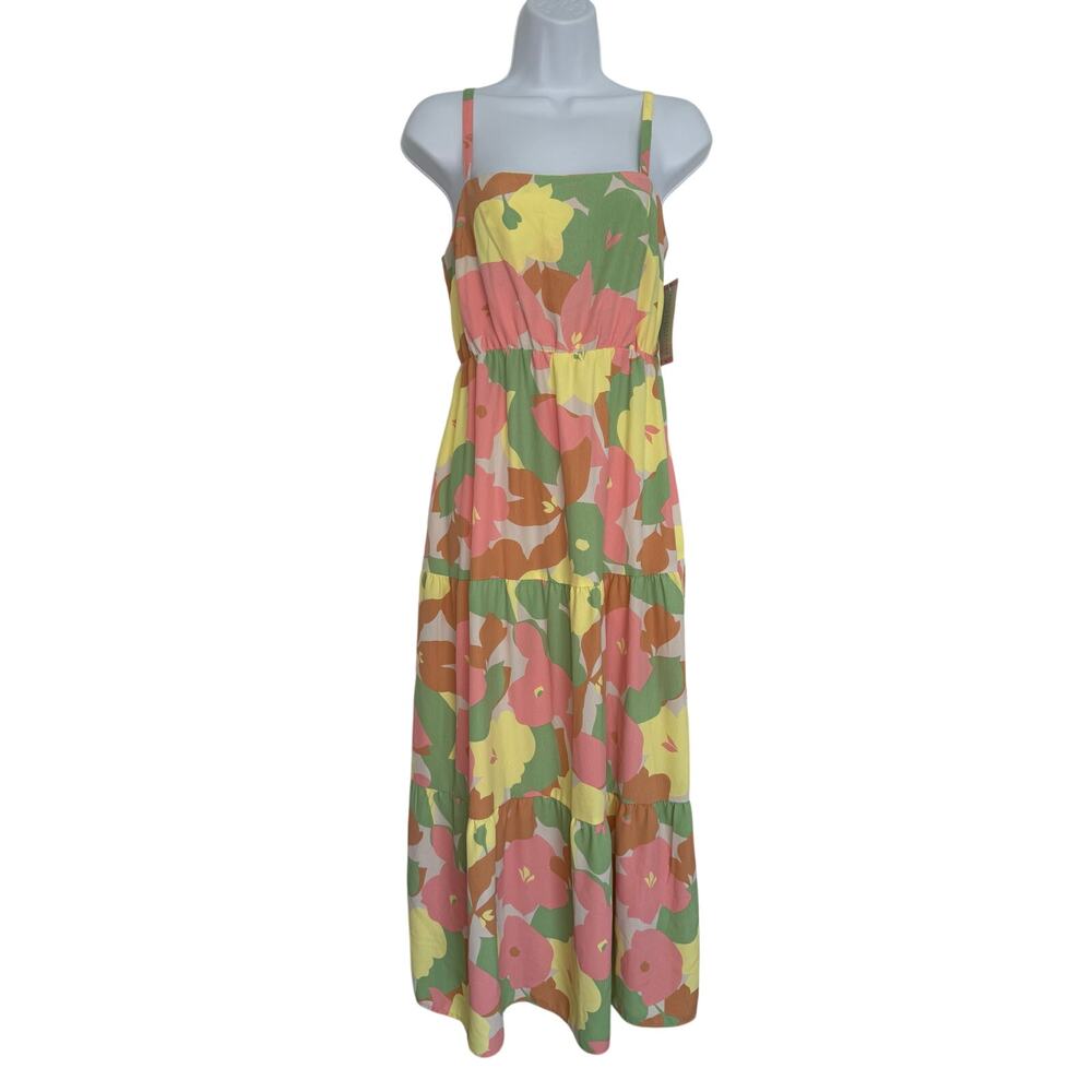 Social Standard by Sanctuary Size SMALL Tiered Floral Midi Dress Pink Green NEW